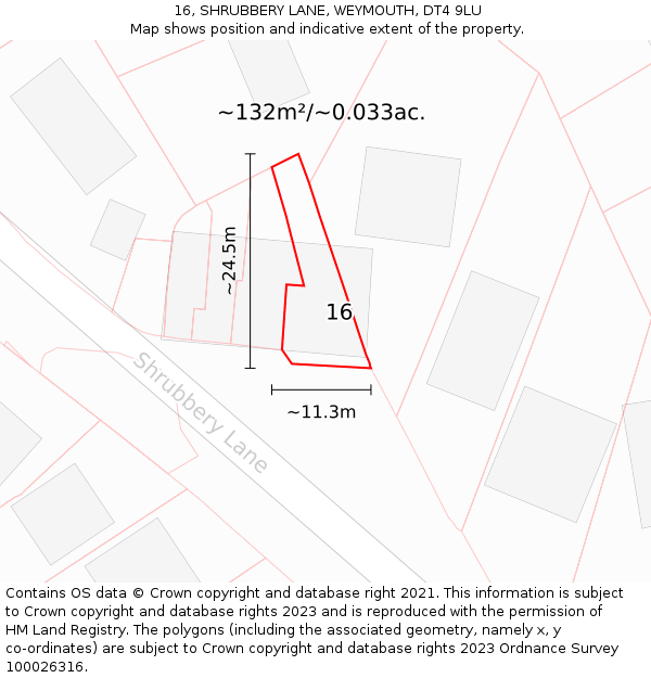 16, SHRUBBERY LANE, WEYMOUTH, DT4 9LU: Plot and title map