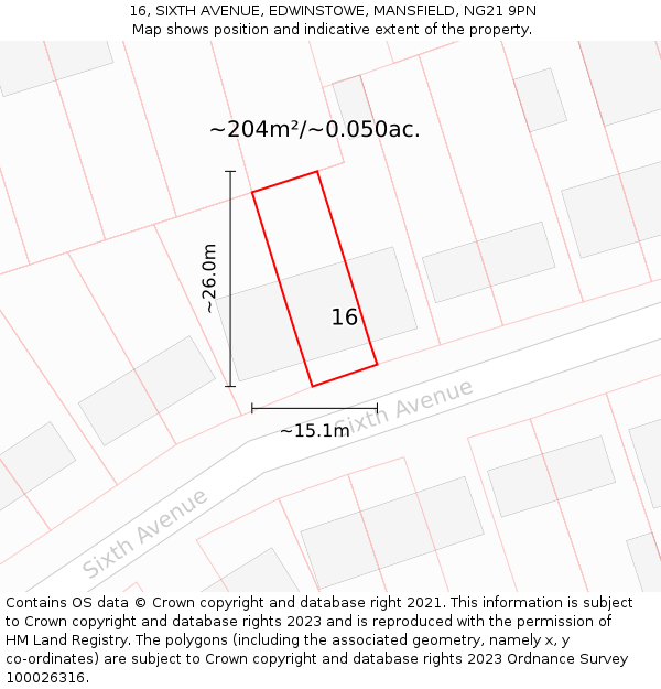 16, SIXTH AVENUE, EDWINSTOWE, MANSFIELD, NG21 9PN: Plot and title map