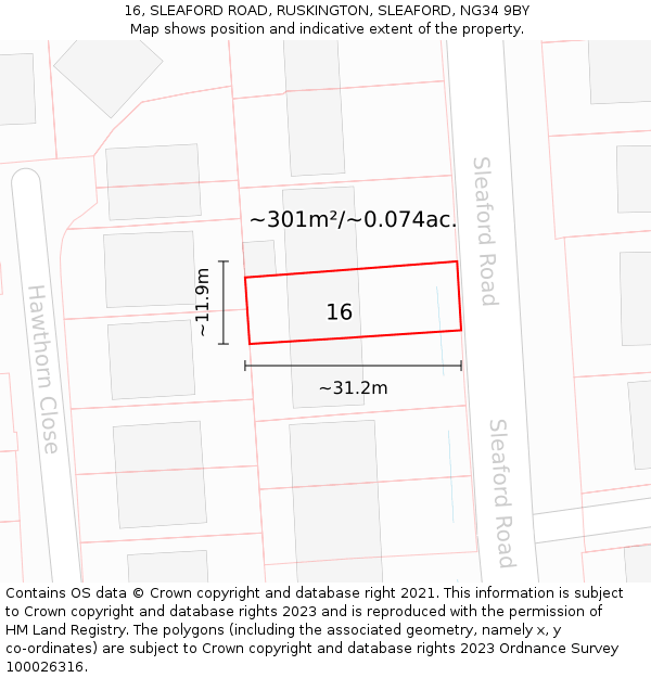 16, SLEAFORD ROAD, RUSKINGTON, SLEAFORD, NG34 9BY: Plot and title map
