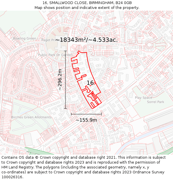 16, SMALLWOOD CLOSE, BIRMINGHAM, B24 0GB: Plot and title map