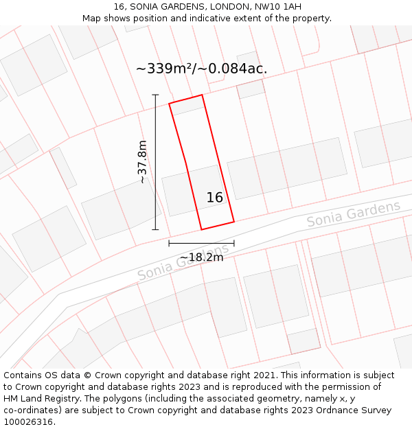 16, SONIA GARDENS, LONDON, NW10 1AH: Plot and title map