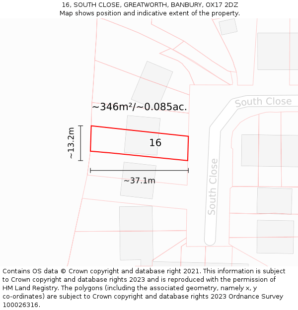 16, SOUTH CLOSE, GREATWORTH, BANBURY, OX17 2DZ: Plot and title map