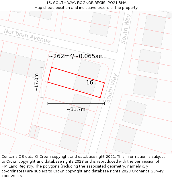 16, SOUTH WAY, BOGNOR REGIS, PO21 5HA: Plot and title map