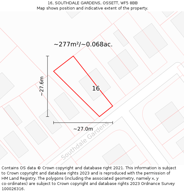 16, SOUTHDALE GARDENS, OSSETT, WF5 8BB: Plot and title map