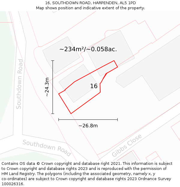 16, SOUTHDOWN ROAD, HARPENDEN, AL5 1PD: Plot and title map
