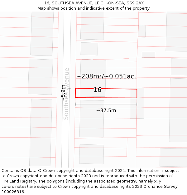 16, SOUTHSEA AVENUE, LEIGH-ON-SEA, SS9 2AX: Plot and title map