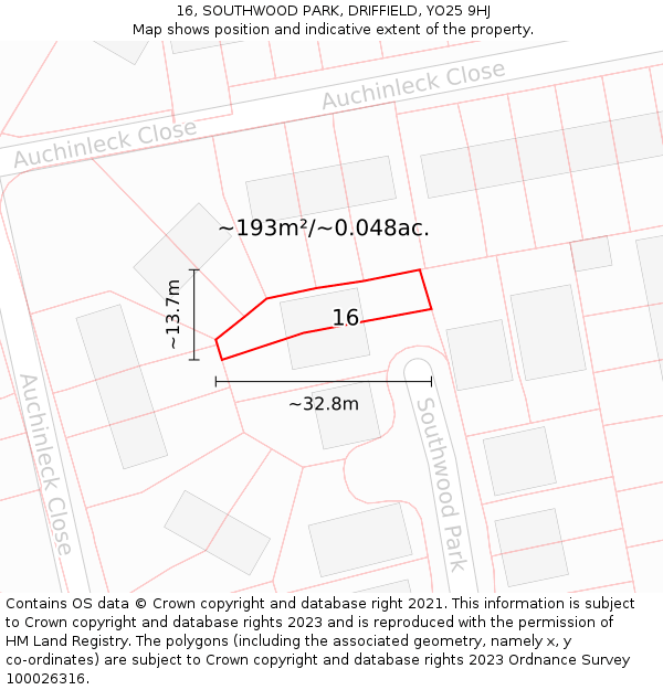 16, SOUTHWOOD PARK, DRIFFIELD, YO25 9HJ: Plot and title map