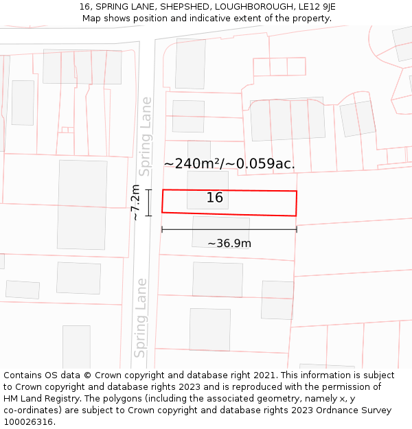 16, SPRING LANE, SHEPSHED, LOUGHBOROUGH, LE12 9JE: Plot and title map