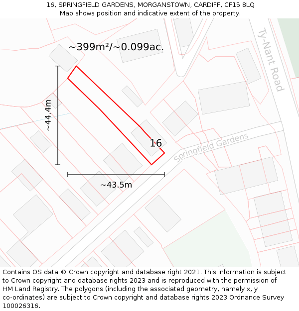 16, SPRINGFIELD GARDENS, MORGANSTOWN, CARDIFF, CF15 8LQ: Plot and title map