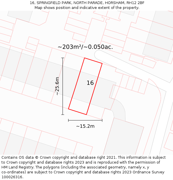 16, SPRINGFIELD PARK, NORTH PARADE, HORSHAM, RH12 2BF: Plot and title map