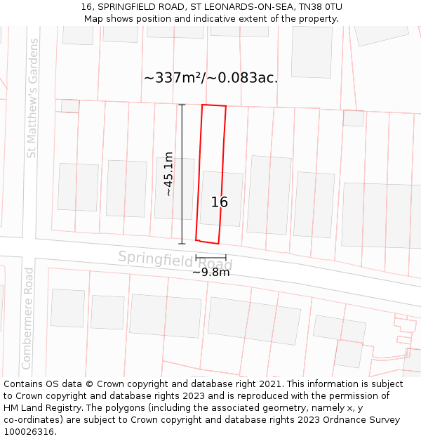 16, SPRINGFIELD ROAD, ST LEONARDS-ON-SEA, TN38 0TU: Plot and title map