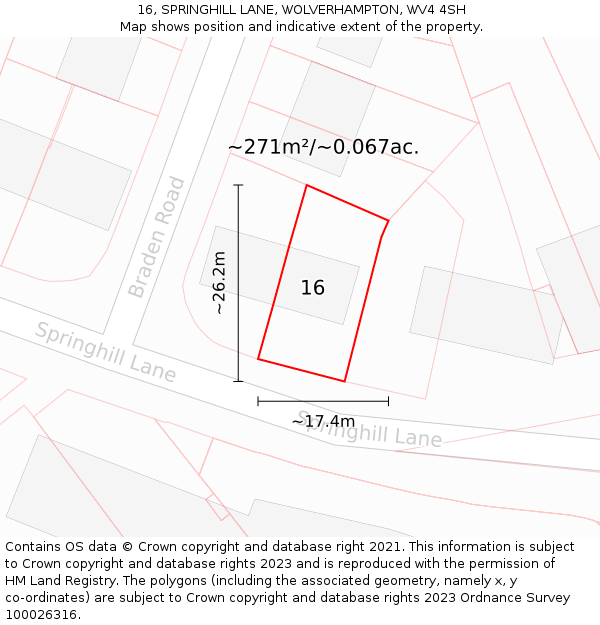 16, SPRINGHILL LANE, WOLVERHAMPTON, WV4 4SH: Plot and title map