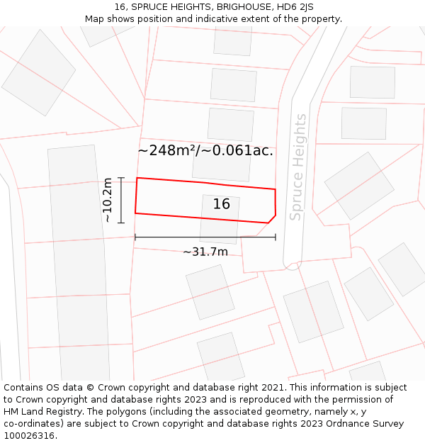 16, SPRUCE HEIGHTS, BRIGHOUSE, HD6 2JS: Plot and title map