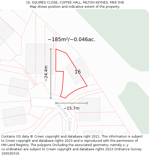 16, SQUIRES CLOSE, COFFEE HALL, MILTON KEYNES, MK6 5HE: Plot and title map