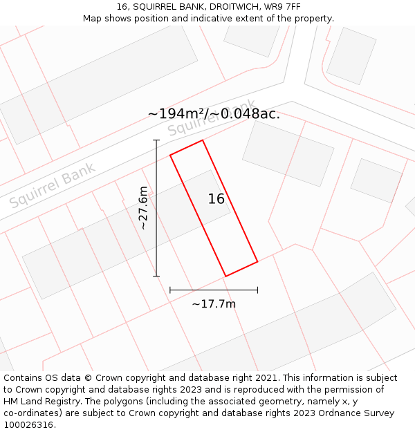 16, SQUIRREL BANK, DROITWICH, WR9 7FF: Plot and title map