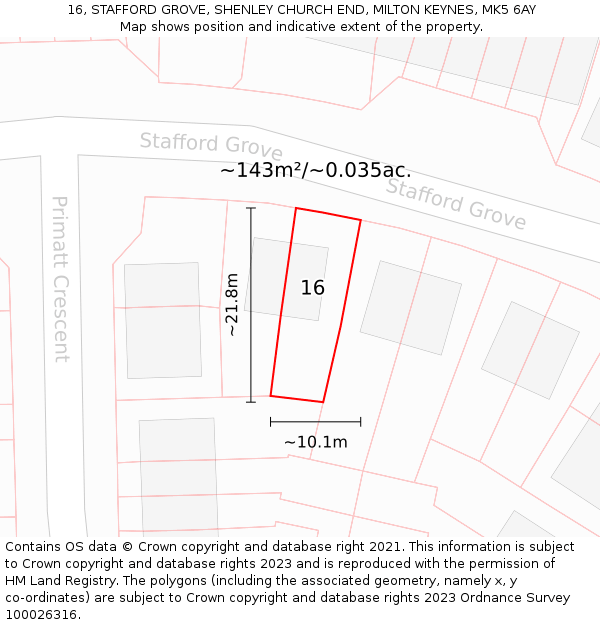 16, STAFFORD GROVE, SHENLEY CHURCH END, MILTON KEYNES, MK5 6AY: Plot and title map