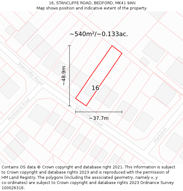 16, STANCLIFFE ROAD, BEDFORD, MK41 9AN: Plot and title map