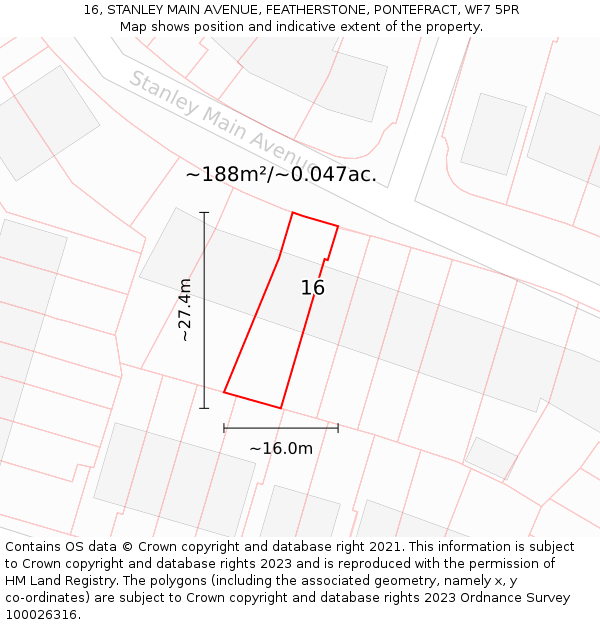 16, STANLEY MAIN AVENUE, FEATHERSTONE, PONTEFRACT, WF7 5PR: Plot and title map