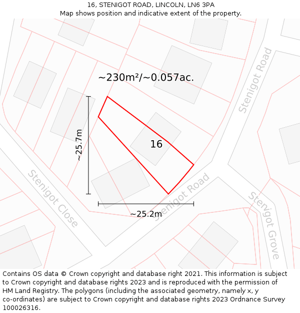 16, STENIGOT ROAD, LINCOLN, LN6 3PA: Plot and title map