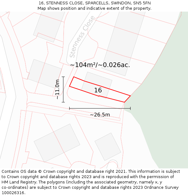 16, STENNESS CLOSE, SPARCELLS, SWINDON, SN5 5FN: Plot and title map