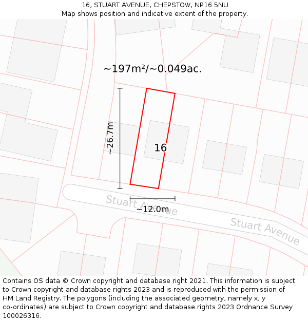 16, STUART AVENUE, CHEPSTOW, NP16 5NU: Plot and title map