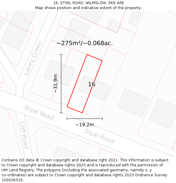 16, STYAL ROAD, WILMSLOW, SK9 4AE: Plot and title map