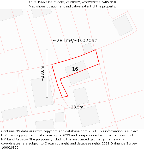 16, SUNNYSIDE CLOSE, KEMPSEY, WORCESTER, WR5 3NP: Plot and title map