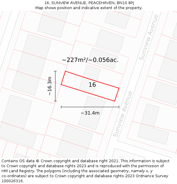 16, SUNVIEW AVENUE, PEACEHAVEN, BN10 8PJ: Plot and title map