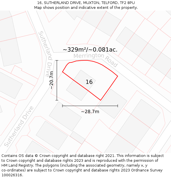 16, SUTHERLAND DRIVE, MUXTON, TELFORD, TF2 8PU: Plot and title map