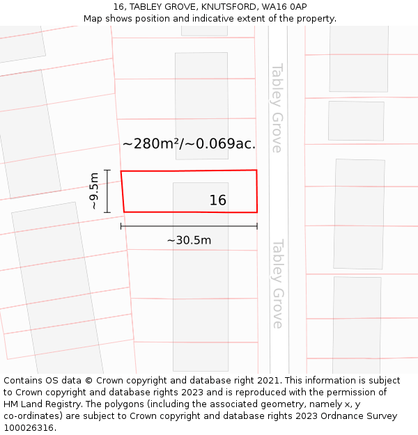 16, TABLEY GROVE, KNUTSFORD, WA16 0AP: Plot and title map