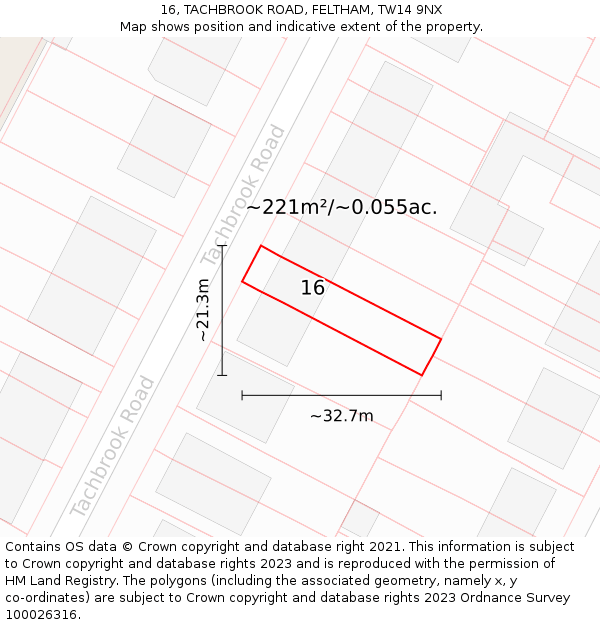 16, TACHBROOK ROAD, FELTHAM, TW14 9NX: Plot and title map