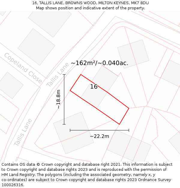 16, TALLIS LANE, BROWNS WOOD, MILTON KEYNES, MK7 8DU: Plot and title map