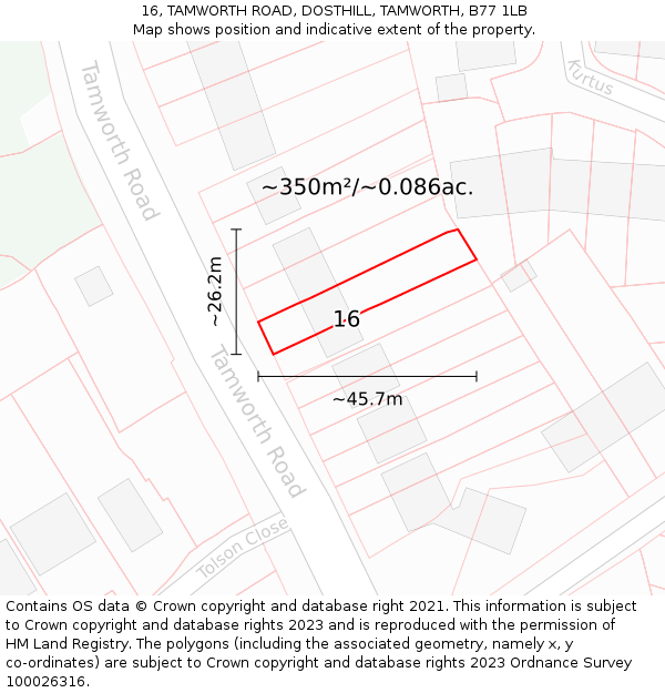 16, TAMWORTH ROAD, DOSTHILL, TAMWORTH, B77 1LB: Plot and title map