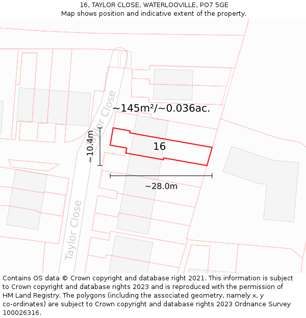 16, TAYLOR CLOSE, WATERLOOVILLE, PO7 5GE: Plot and title map