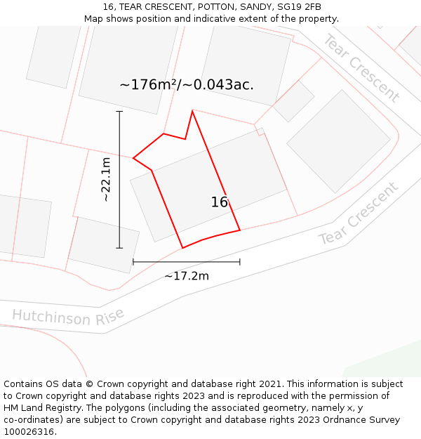16, TEAR CRESCENT, POTTON, SANDY, SG19 2FB: Plot and title map