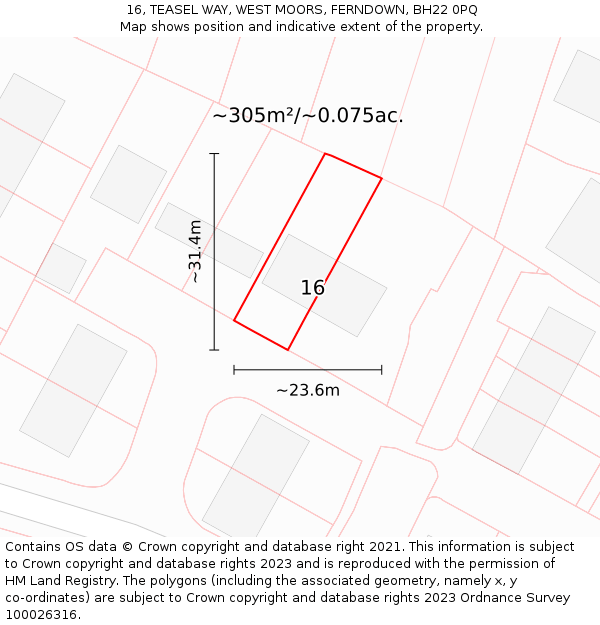 16, TEASEL WAY, WEST MOORS, FERNDOWN, BH22 0PQ: Plot and title map
