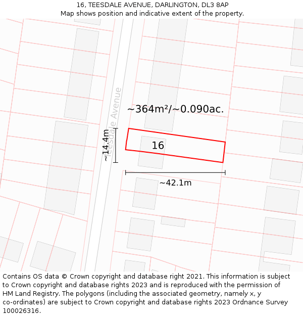 16, TEESDALE AVENUE, DARLINGTON, DL3 8AP: Plot and title map