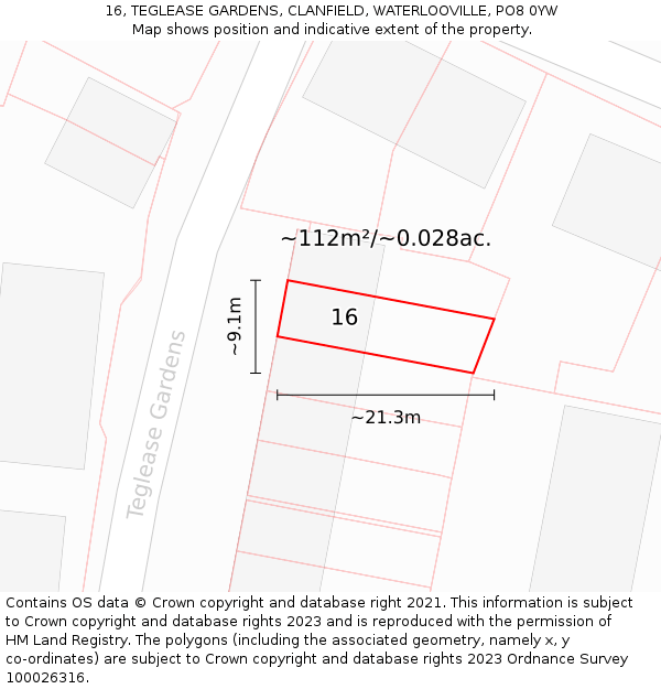 16, TEGLEASE GARDENS, CLANFIELD, WATERLOOVILLE, PO8 0YW: Plot and title map