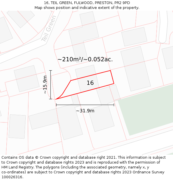 16, TEIL GREEN, FULWOOD, PRESTON, PR2 9PD: Plot and title map