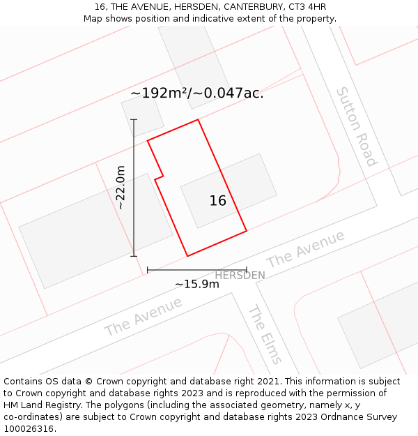 16, THE AVENUE, HERSDEN, CANTERBURY, CT3 4HR: Plot and title map