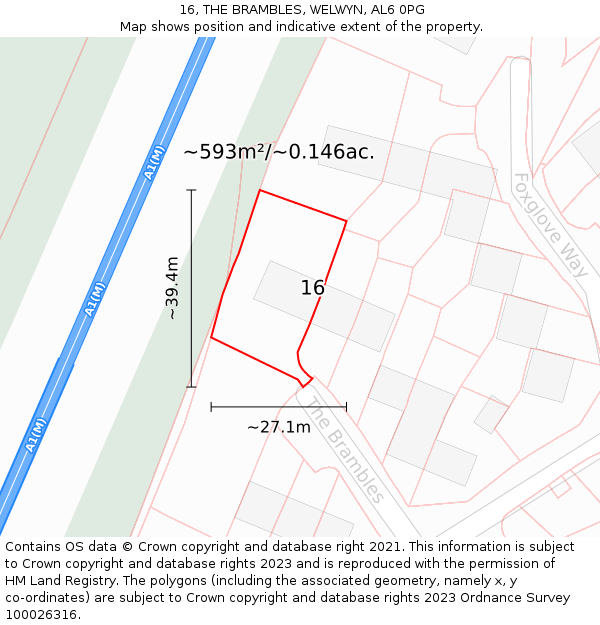 16, THE BRAMBLES, WELWYN, AL6 0PG: Plot and title map