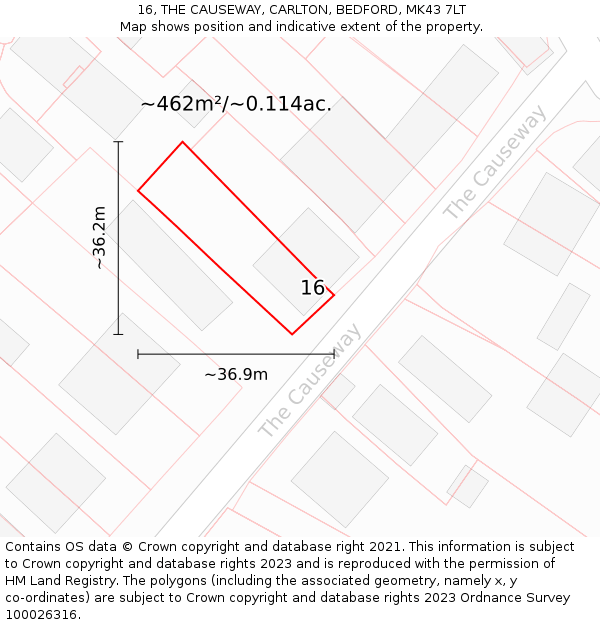 16, THE CAUSEWAY, CARLTON, BEDFORD, MK43 7LT: Plot and title map