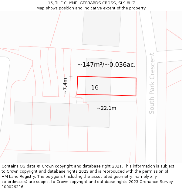 16, THE CHYNE, GERRARDS CROSS, SL9 8HZ: Plot and title map