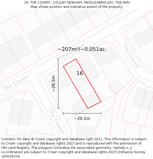 16, THE COVERT, COULBY NEWHAM, MIDDLESBROUGH, TS8 0WN: Plot and title map