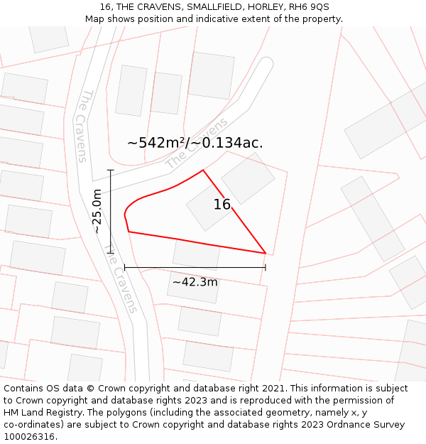 16, THE CRAVENS, SMALLFIELD, HORLEY, RH6 9QS: Plot and title map