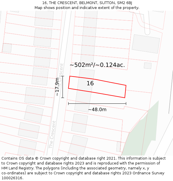 16, THE CRESCENT, BELMONT, SUTTON, SM2 6BJ: Plot and title map