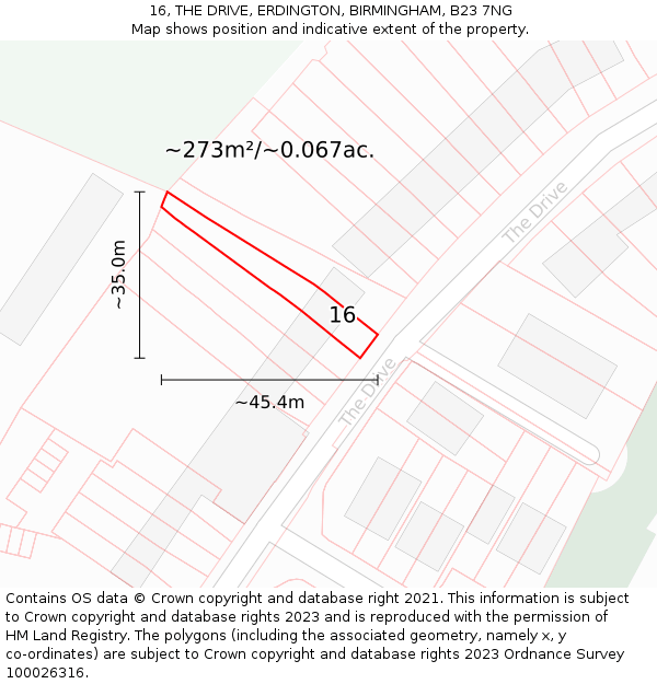 16, THE DRIVE, ERDINGTON, BIRMINGHAM, B23 7NG: Plot and title map