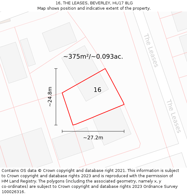 16, THE LEASES, BEVERLEY, HU17 8LG: Plot and title map