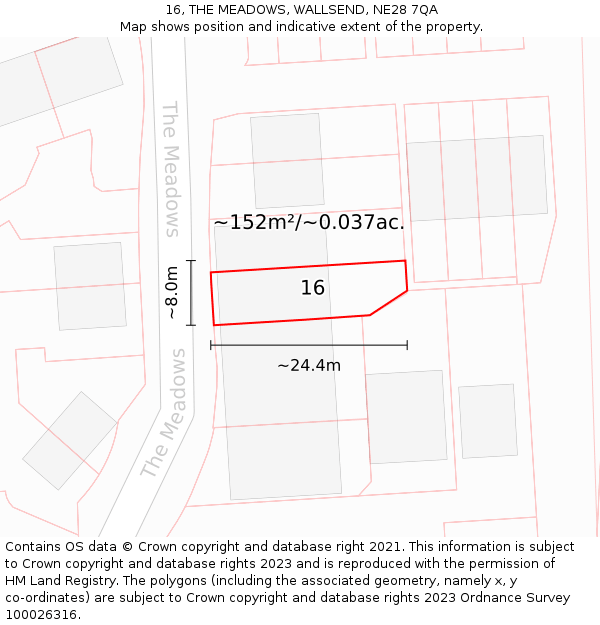 16, THE MEADOWS, WALLSEND, NE28 7QA: Plot and title map