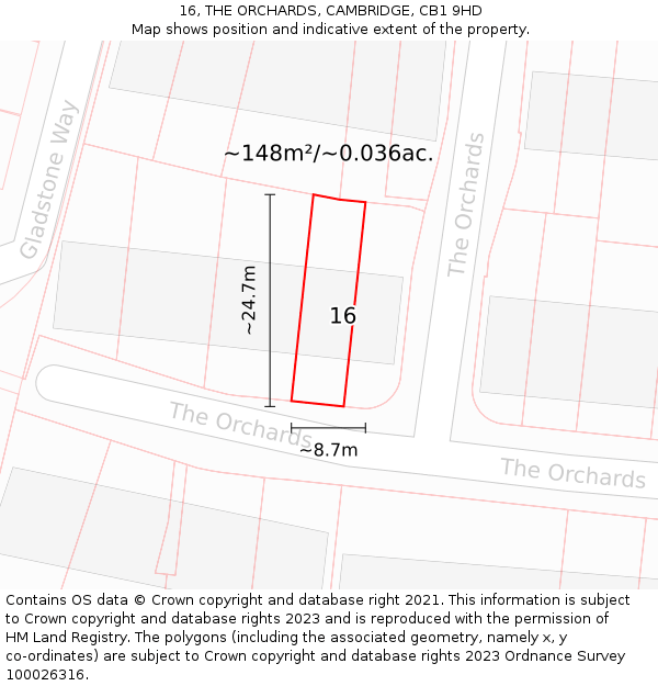 16, THE ORCHARDS, CAMBRIDGE, CB1 9HD: Plot and title map